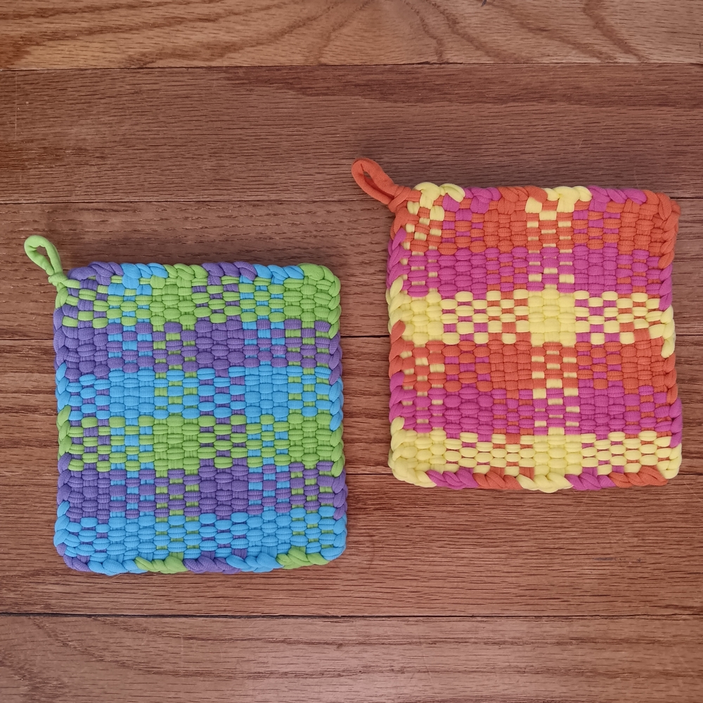 Set of 2 Handmade Colorful Plaid Hand Woven Pot Holders 5"